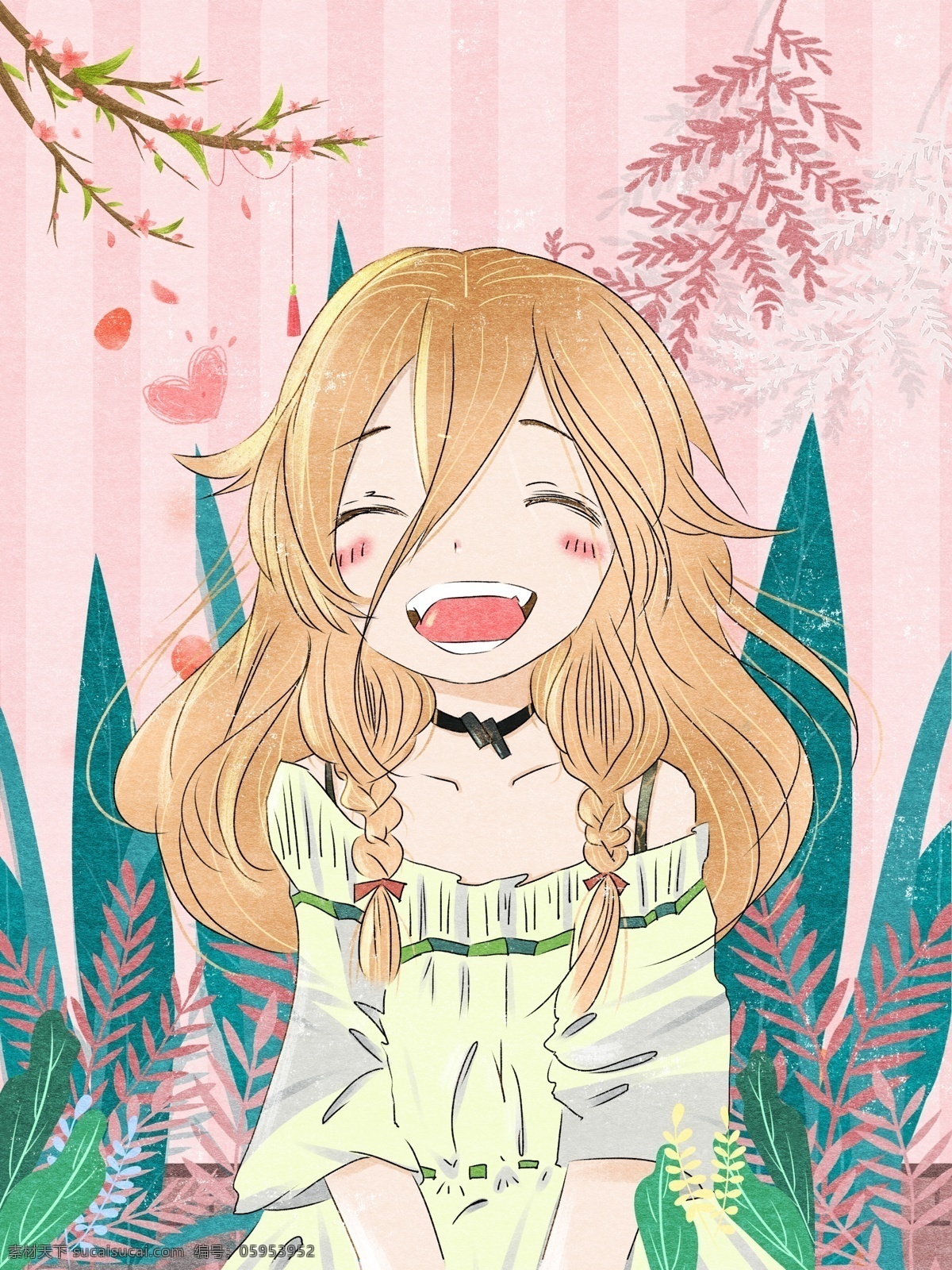 唯美 清新 女生 开心 可爱 小清新 插画 壁纸 粉色
