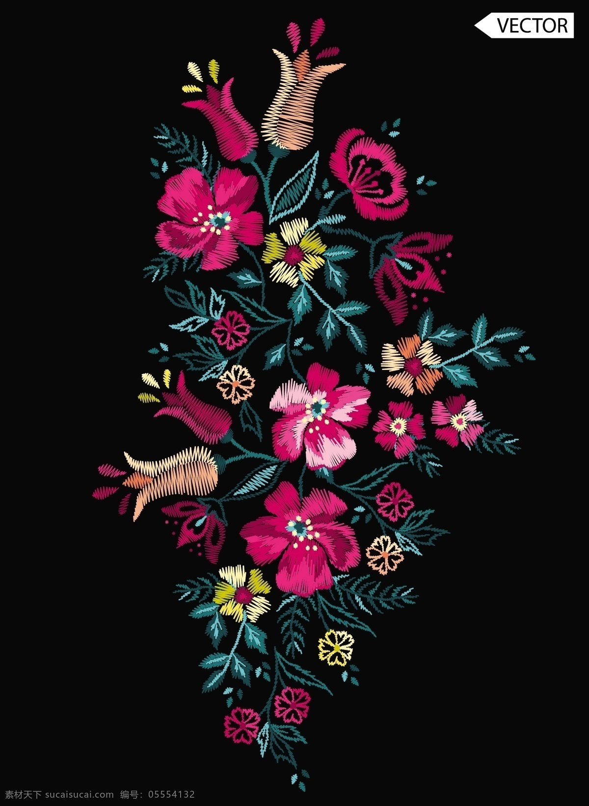 彩色 刺绣 花卉 矢量 绣花 矢量素材 中国风 旗袍 矢量图