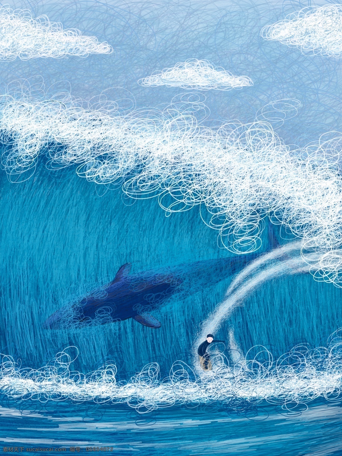 冲浪 线圈 原创 插画 海浪 蓝色 鲸鱼身影 配图