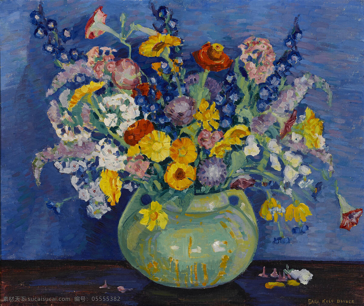 静物鲜花 青色花罐子 秋天 混搭鲜花 菊花 黑色桌子 蓝色 墙纸 20世纪油画 油画 文化艺术 绘画书法
