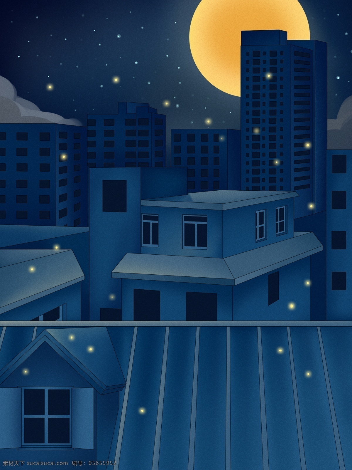 圆月 城市 背景 星空 月亮 蓝色 广告背景 彩绘背景 通用背景 psd背景 特邀背景 促销背景 背景图