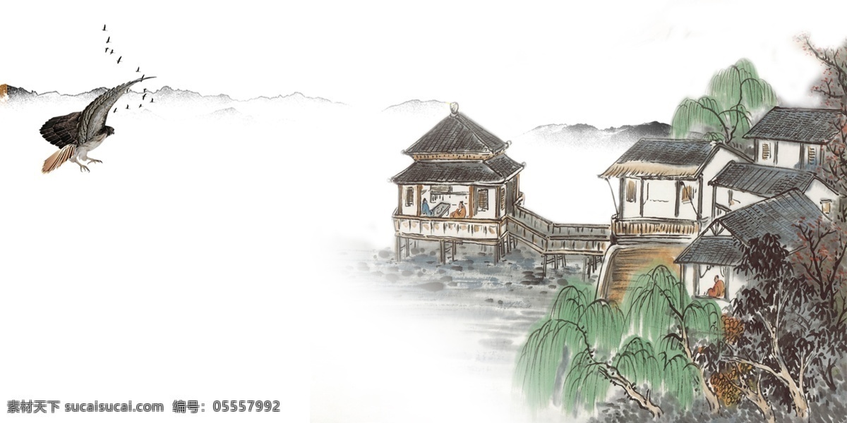 彩 绫 荷花 小镇 背景 背景图 背景素材 建筑 海报背景 广告背景 彩绘素材 船只 亭子 古典风背景图 彩绘背景 大气背景 清新背景 电商背景