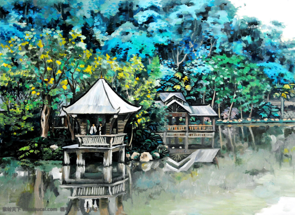 风景 公园 湖 绘画 绘画书法 凉亭 美术 公园一角 油画 树林 树木 游人 油画艺术 油画作品23 文化艺术 家居装饰素材