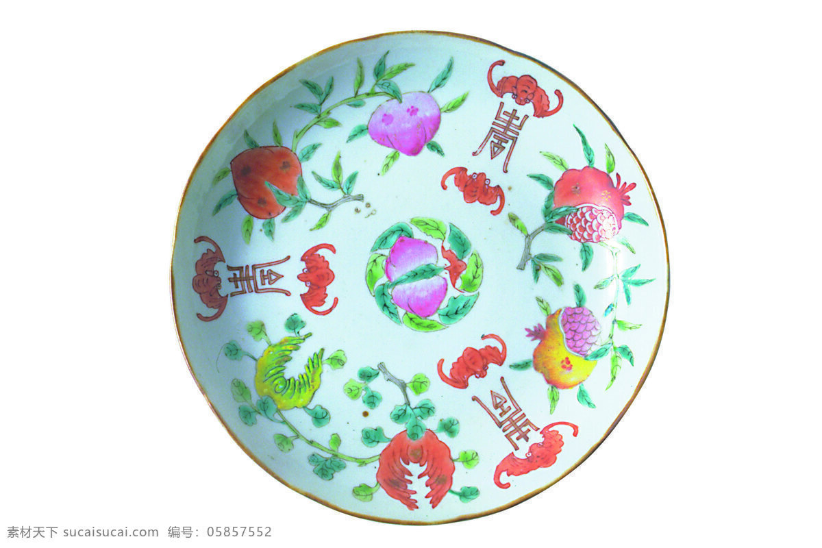 彩绘瓷盘 圆盘 红的桃子图案 紫色桃图 红的蝠纹 绿色枝叶 红色石榴 黄色石榴 文化艺术 摄影图库