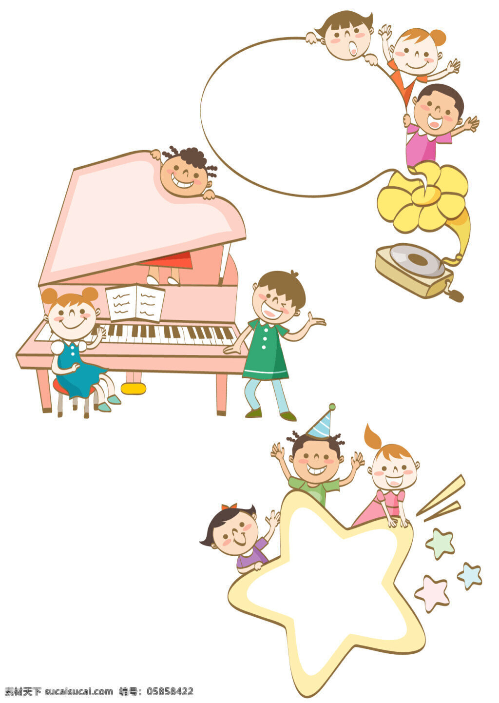 卡通 儿童 玩耍 元素 卡通儿童 五角星 弹钢琴 对话框 留声机