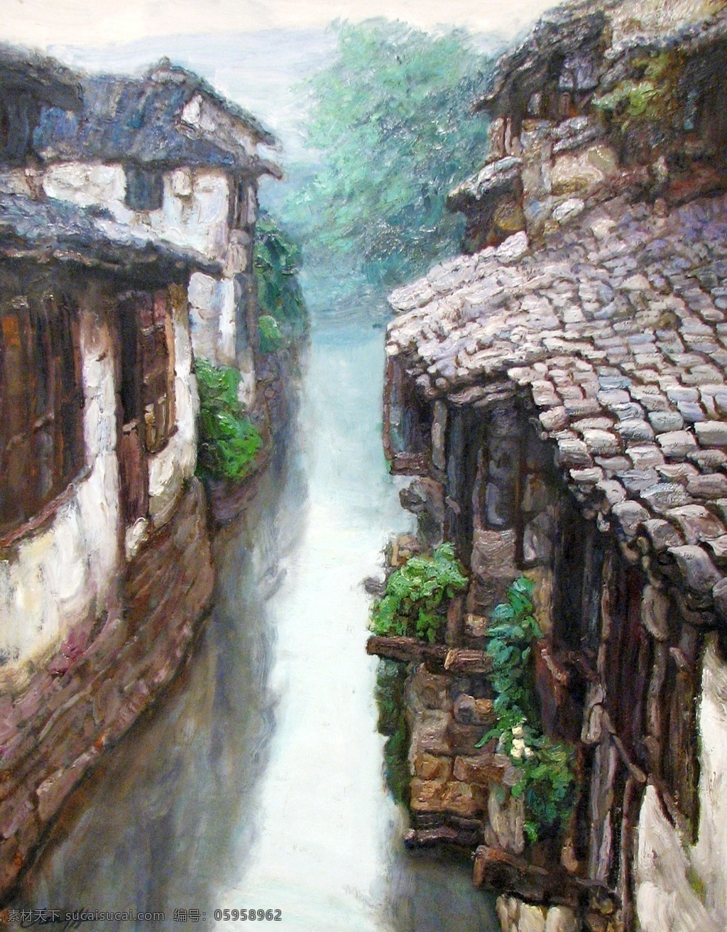 手绘 房屋 油路 山水 装饰画 彩色 彩绘 山水画