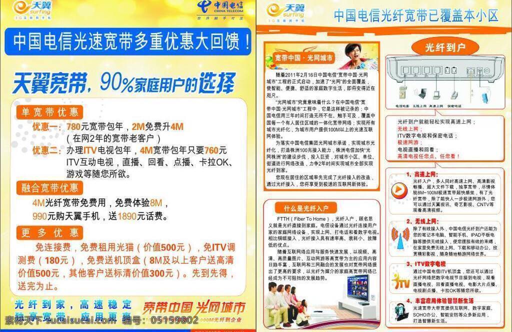 dm宣传单 底纹 地板 电视 电信标志 黄色 天翼标志 桌子 中国电信 光纤 宽带 宣传单 入户 示意图 矢量