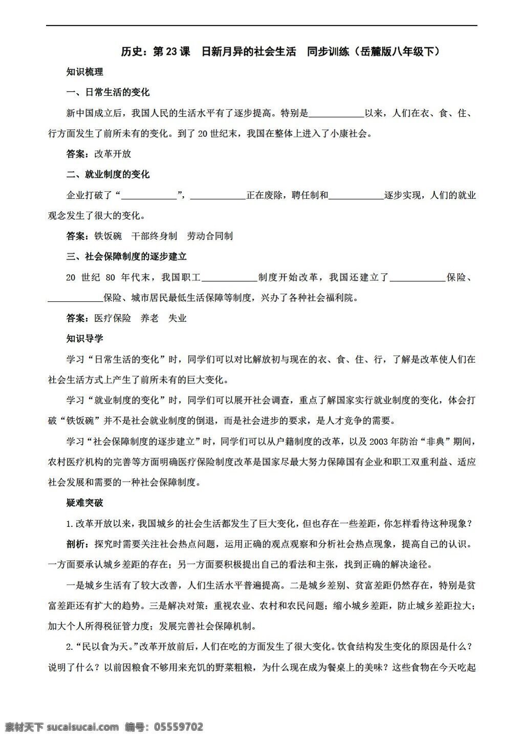 八 年级 下册 历史 课 日新月异 社会生活 同步 训练 下 岳麓版 八年级下册 试题试卷