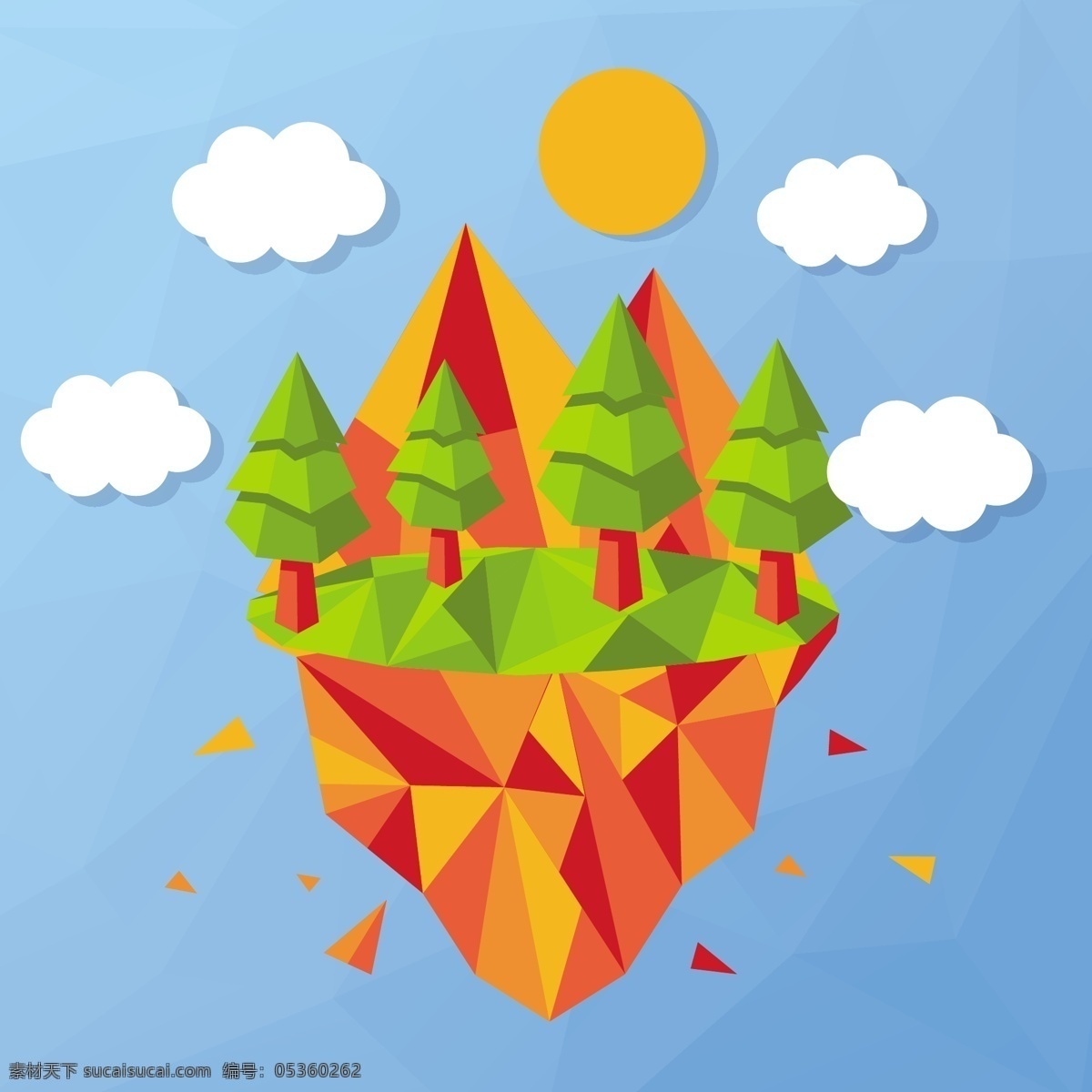 创意 扁平化 几何 森林 小岛 扁平化树木 山 矢量素材 树木 太阳 云朵