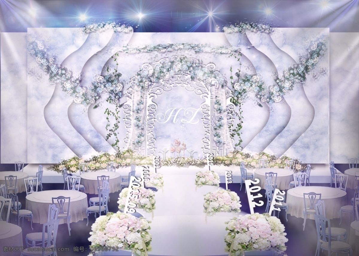 蓝紫色 纹理 婚礼 工装 效果图 舞台效果图 路引 花艺设计 时间标志 舞台层次感