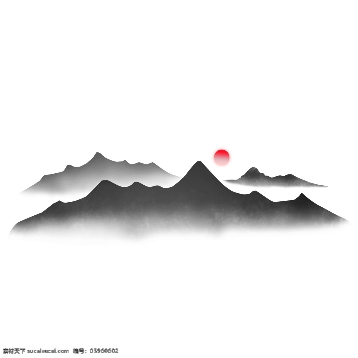 黑色 简约 风 精品 水墨 山 商用 红色 太阳 可商用