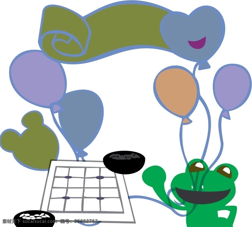 可爱的青蛙 围棋 气球 棋盘 青蛙 小熊头 笑脸 心型气球 童趣 插画 可爱 活泼 传统 幼儿 动画 卡通 矢量素材 其他矢量 矢量