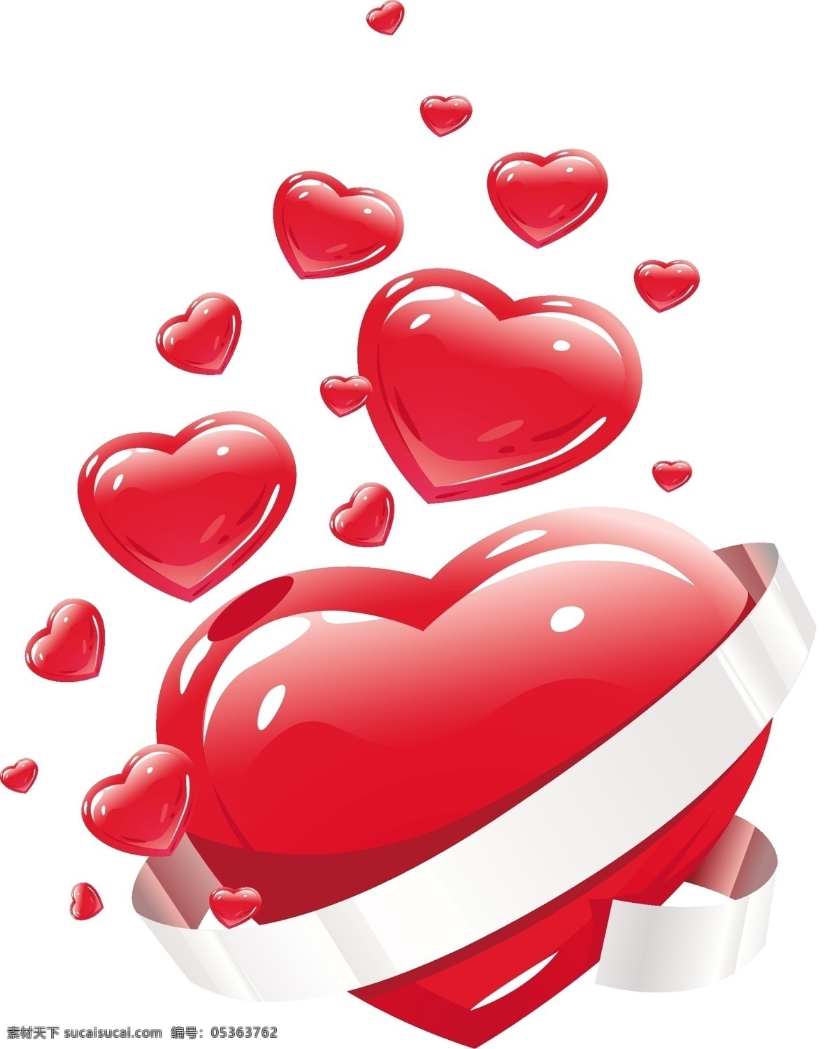 红色爱心元素 红色 爱心 情人节 七夕 丝带 漂浮 白色