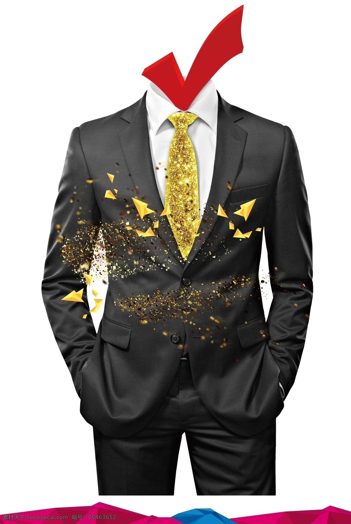 干练 时尚 冷色 西装 装饰 元素 装饰元素 金箔 衬衫 正装 红色打勾 黄色领带 黄金
