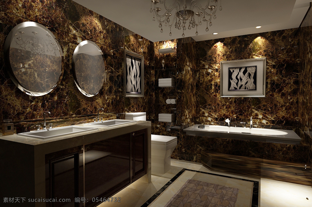 奢华 黑金 酒店 卫生间 吊顶 水晶灯 浴缸 3d 效果图 家装 黑镜 工装