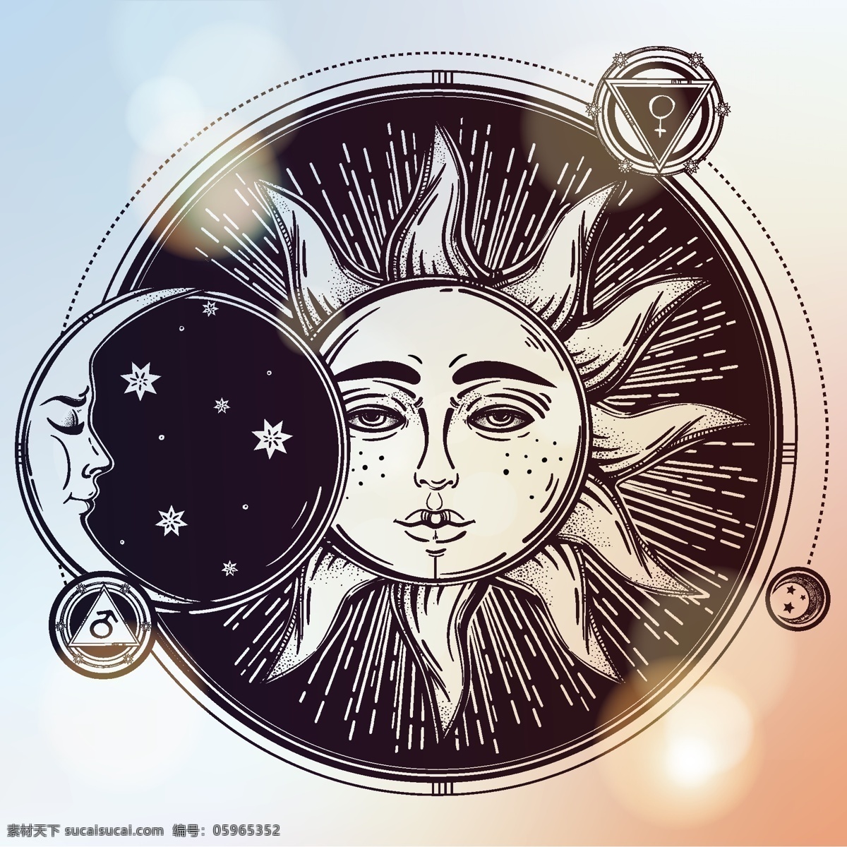 太阳月亮插画 太阳 月亮 阴阳 手绘花纹 装饰花纹 手绘插画 太阳花纹 星星 生活百科 矢量素材