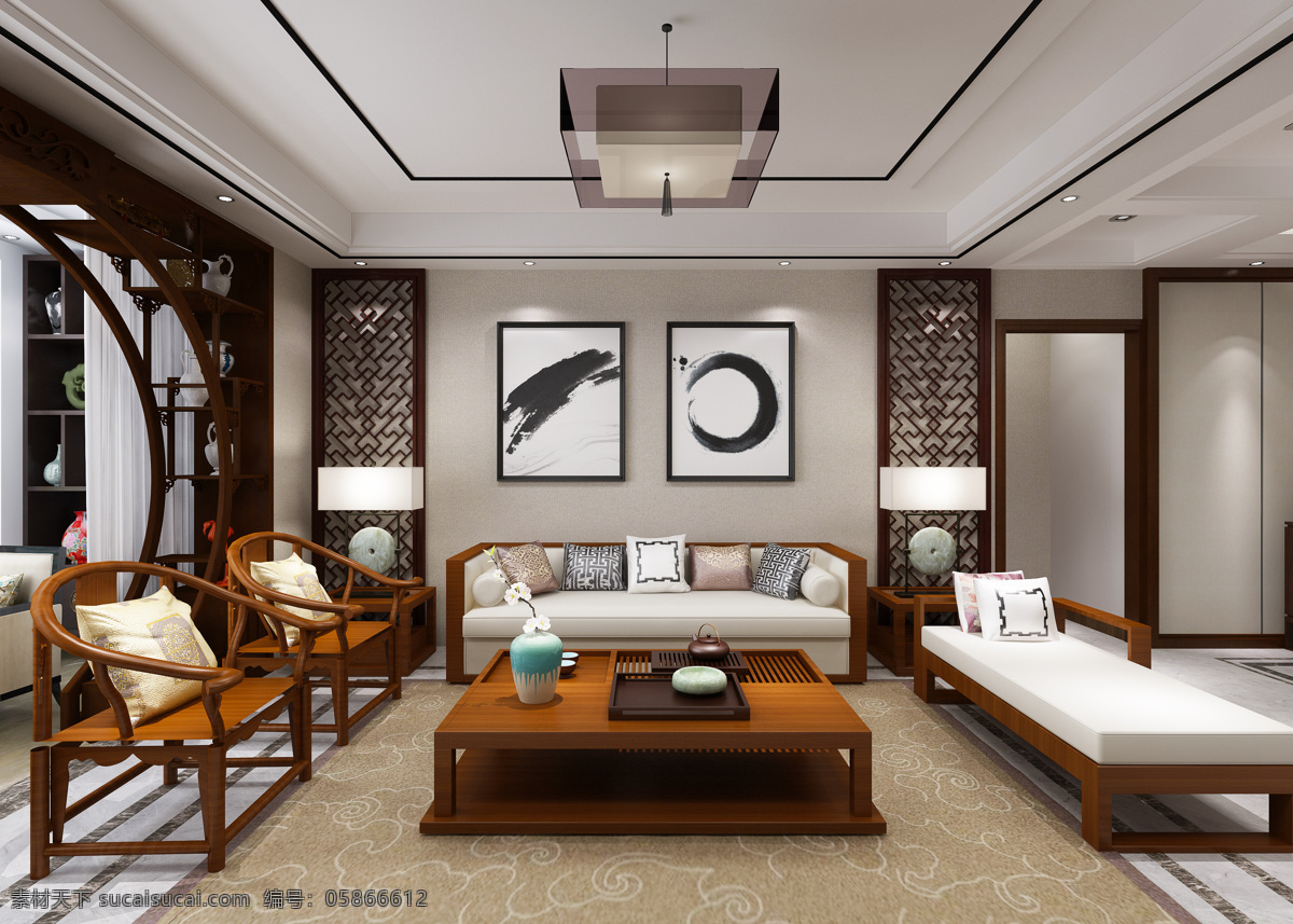 客厅 中式客厅 中式摆件 中式桌椅 中式座椅 沙发 3d设计 室内模型