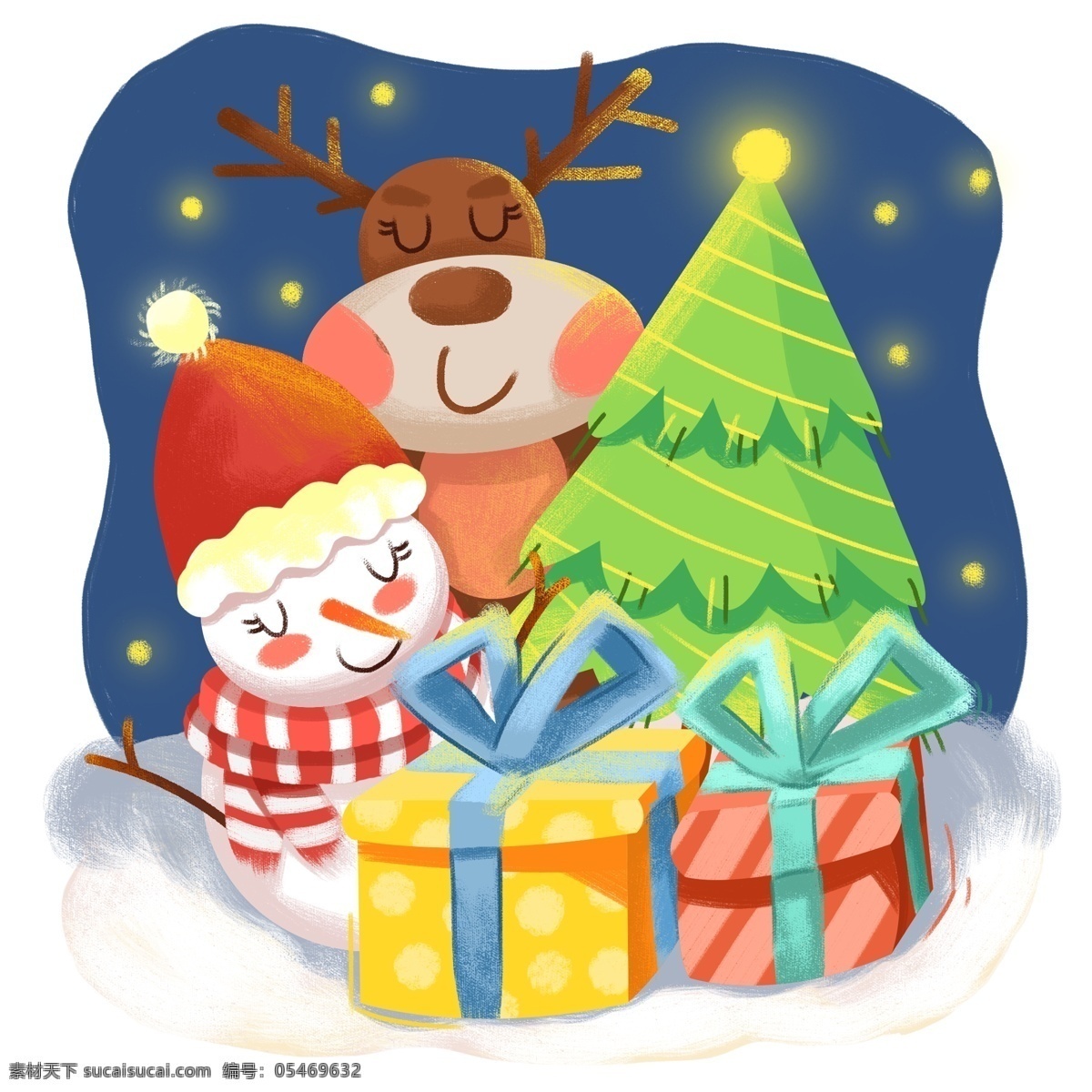原创 手绘 可爱 麋鹿 圣诞节 礼物 盒 插画 元素 圣诞树 雪人 礼物盒 手绘元素 插画元素 海报元素 平安夜