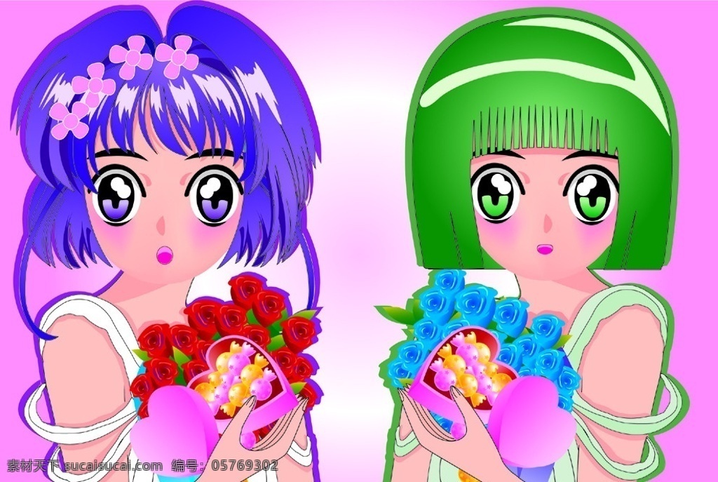 矢量 卡通 美 少女 双生 玫瑰 礼物 妇女女性 矢量人物