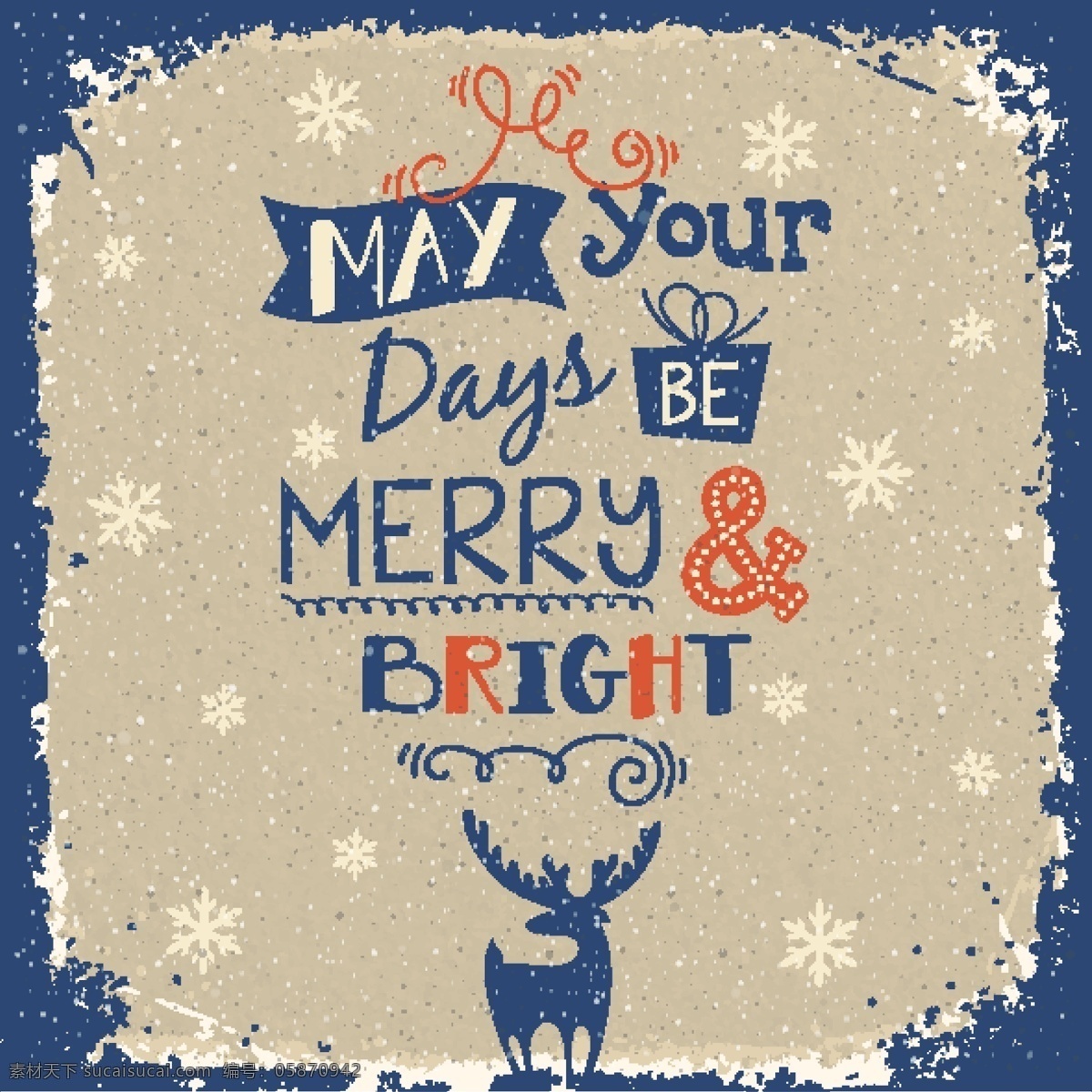 复古 圣诞 驯鹿 海报 斑驳 圣诞节 矢量图 雪花 祝福卡 节日素材