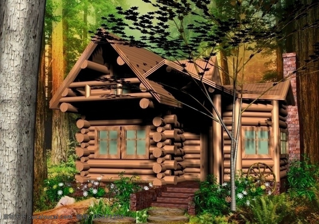 小 木屋 模型 max9 3d max 场景 树林 风景 带贴图 建筑 绿色 木材 共享资源 3d场景模型 其他模型 3d设计模型 源文件