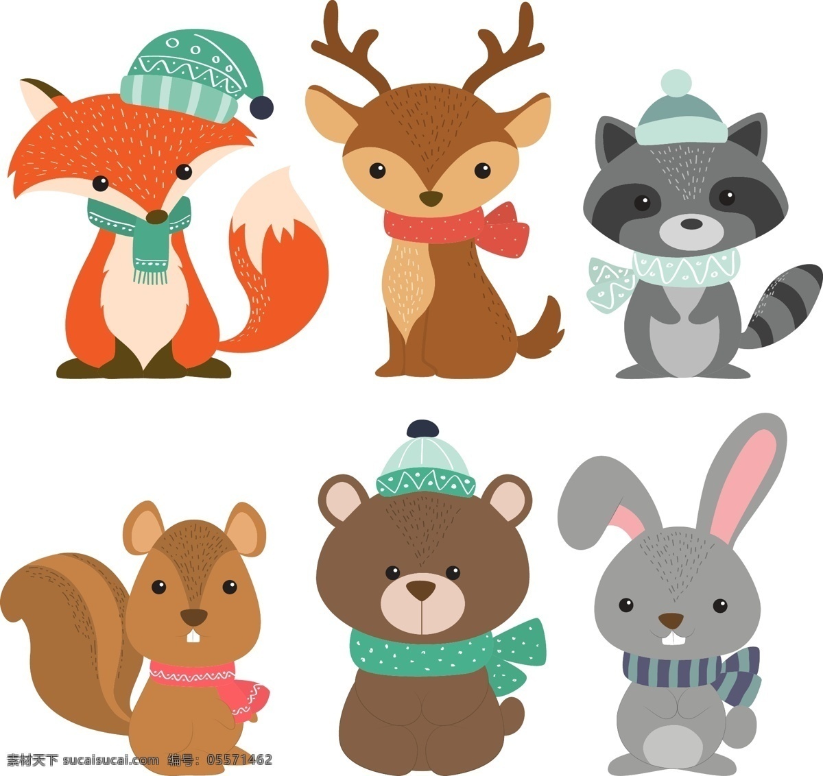 冬季 动物 狐狸 卡通 可爱 可爱宠物 手绘 松树 兔子 熊 驯鹿 款冬 季卡 通