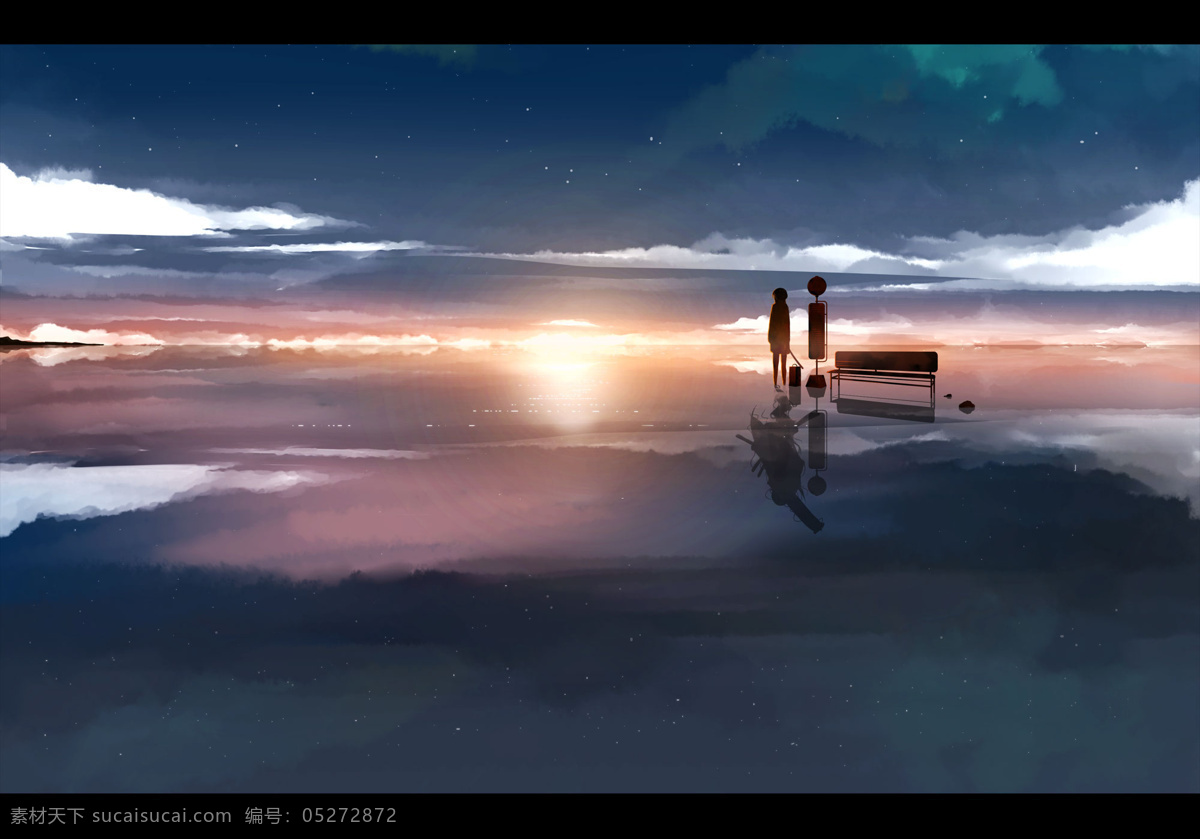动漫 风景 日出 天空 双人 卡通 可爱