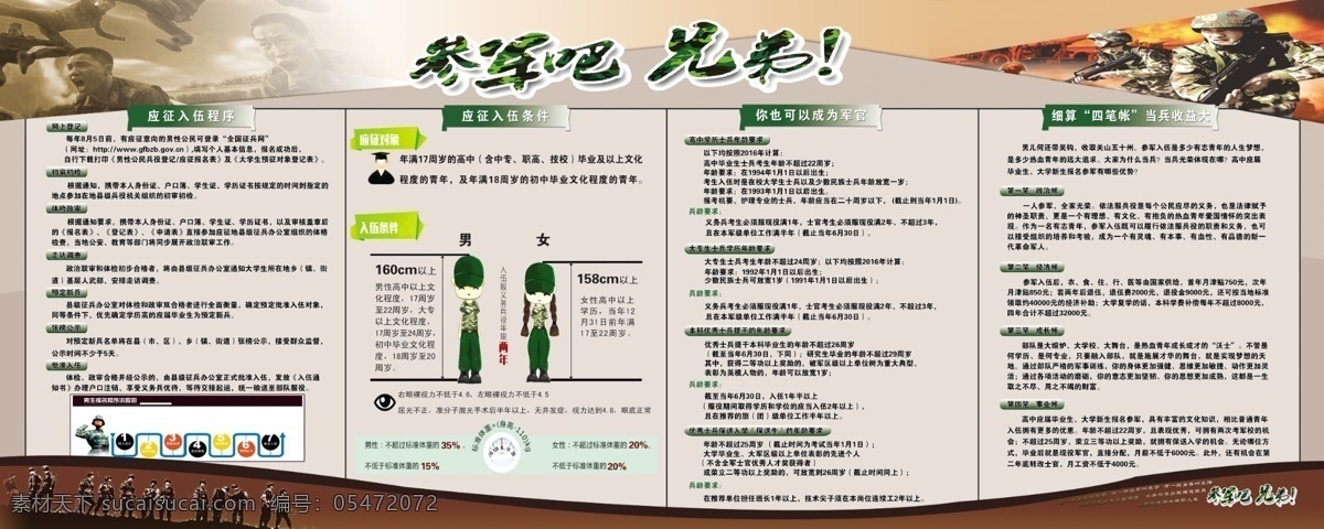 学校征兵 征兵 参军吧 兄弟 展板 参军吧兄弟 迷彩服 军队 报名 灰色