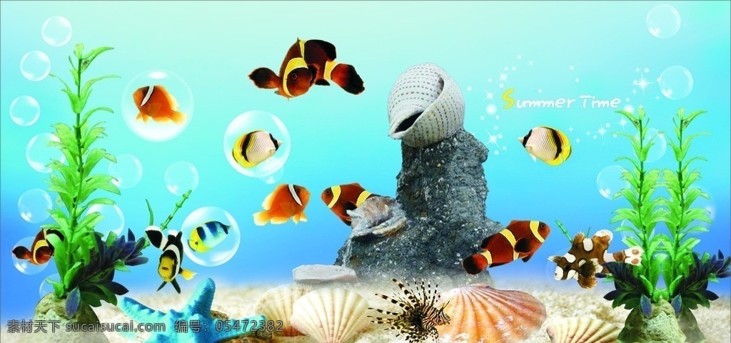 美妙 海底 世界 海草 贝壳 各类观赏鱼 海底世界 矢量