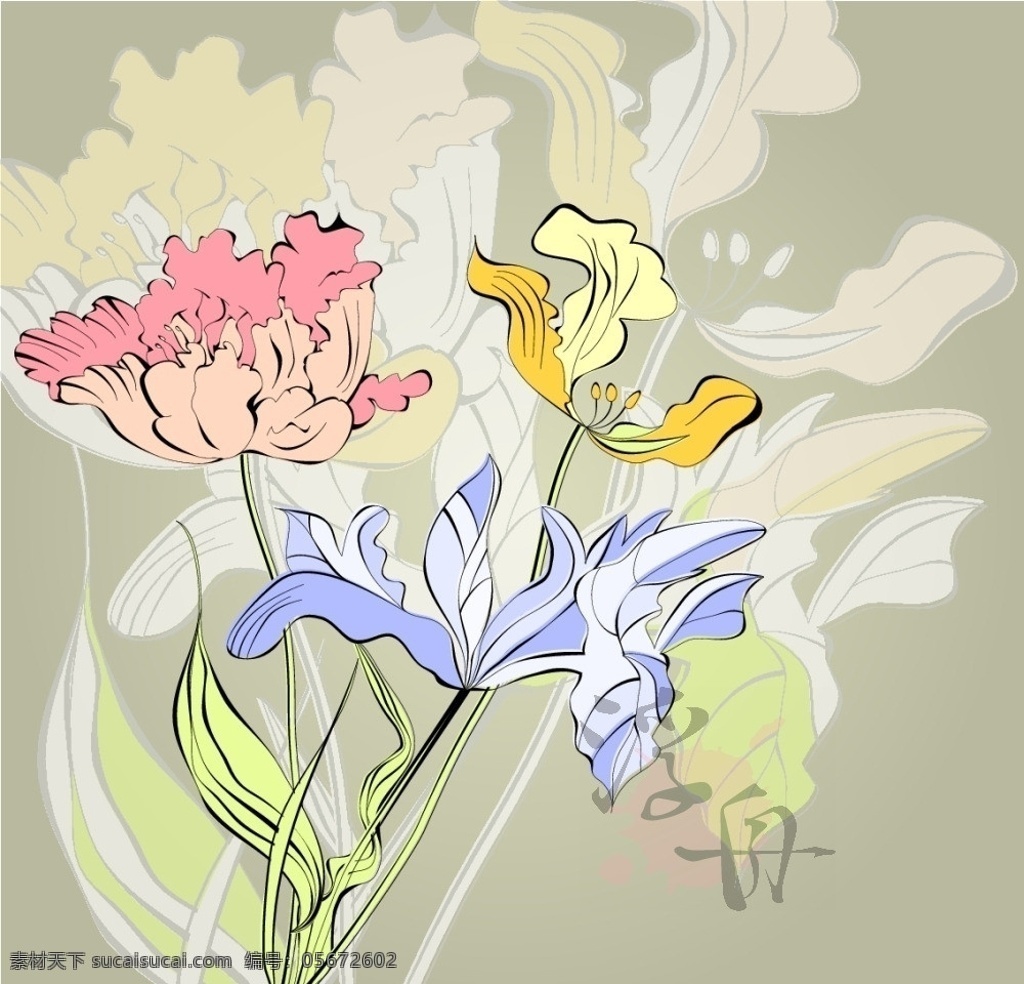 盛开花朵 盛开 花朵 花卉 灿烂 烂漫 百合 鸢尾花 手绘 淡彩 线描 白描 画稿 草稿 花草 生物世界 矢量