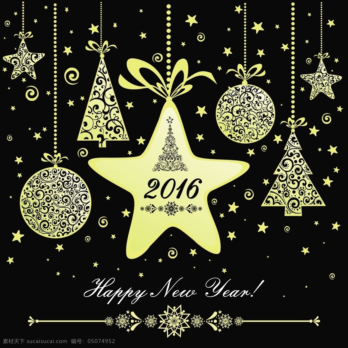 2016 年 金色 挂饰 新年贺卡 矢量图 圣诞树 圣诞球 星星 2016年 新年快乐 圣诞节 eps格式 黑色