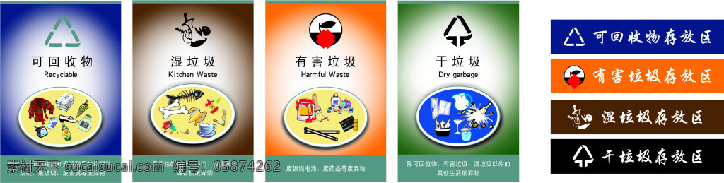 垃圾 分类 标识 海报 有害垃圾 干垃圾 湿垃圾 可回收物 垃圾分类标识 垃圾桶 标语 用途 写真作品类型 公益画面