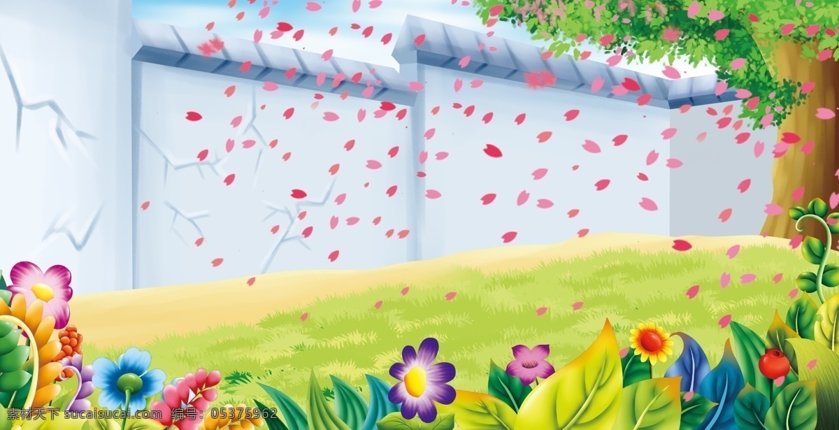 古代 唯美 墙垣 花园 插画 背景 植物 大树 背景素材 卡通背景 彩绘背景 小花 清新设计 广告背景 psd背景 手绘背景