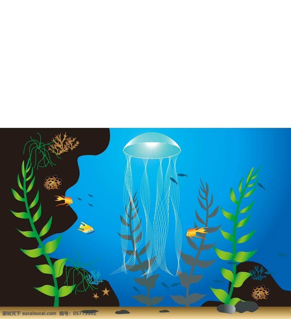海底世界 水母 鱼 海草 珊瑚 卵石 沙滩 海星 生物世界 海洋生物 矢量图库