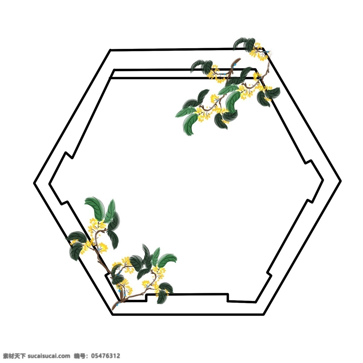 带 黄色 花朵 边框 插画 花枝 中国风 古风 植物 花卉 带花框插画 黄色的花朵 枝叶 绿色的叶子 花枝边框