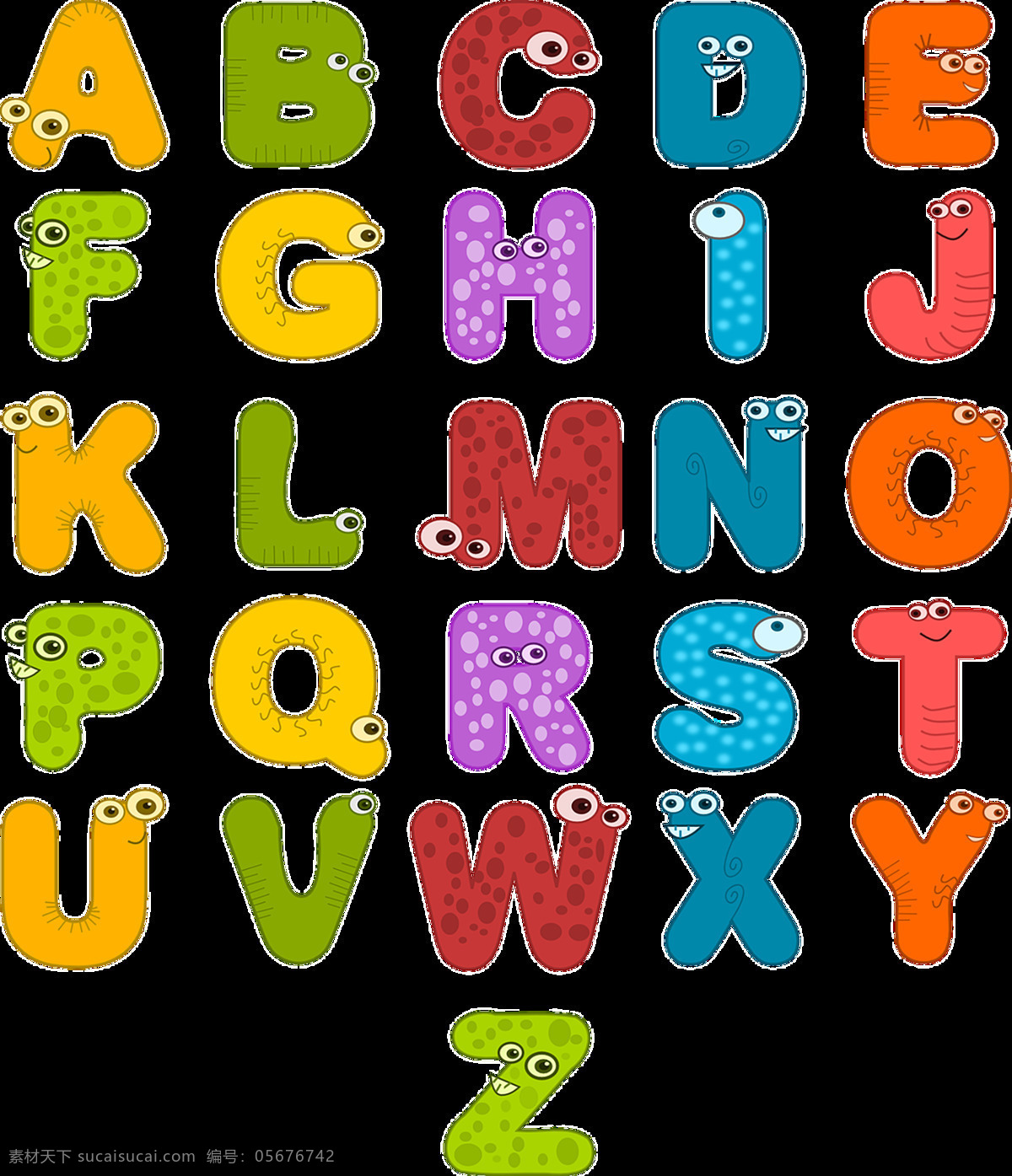 可爱 眼睛 艺术 字母 26个字母 英文字母 卡通字母 可爱眼睛字母 字母元素 艺术字母 大写艺术字母 彩色字母