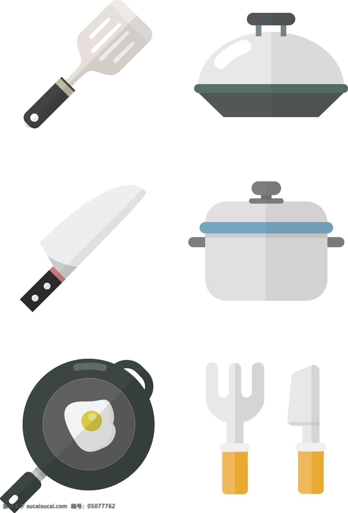 厨房用品 图标素材 扁平化 拟物 厨房 做饭 铲子 电饭锅 炒锅 菜刀 刀叉 煎锅 料理 有趣的 可爱的