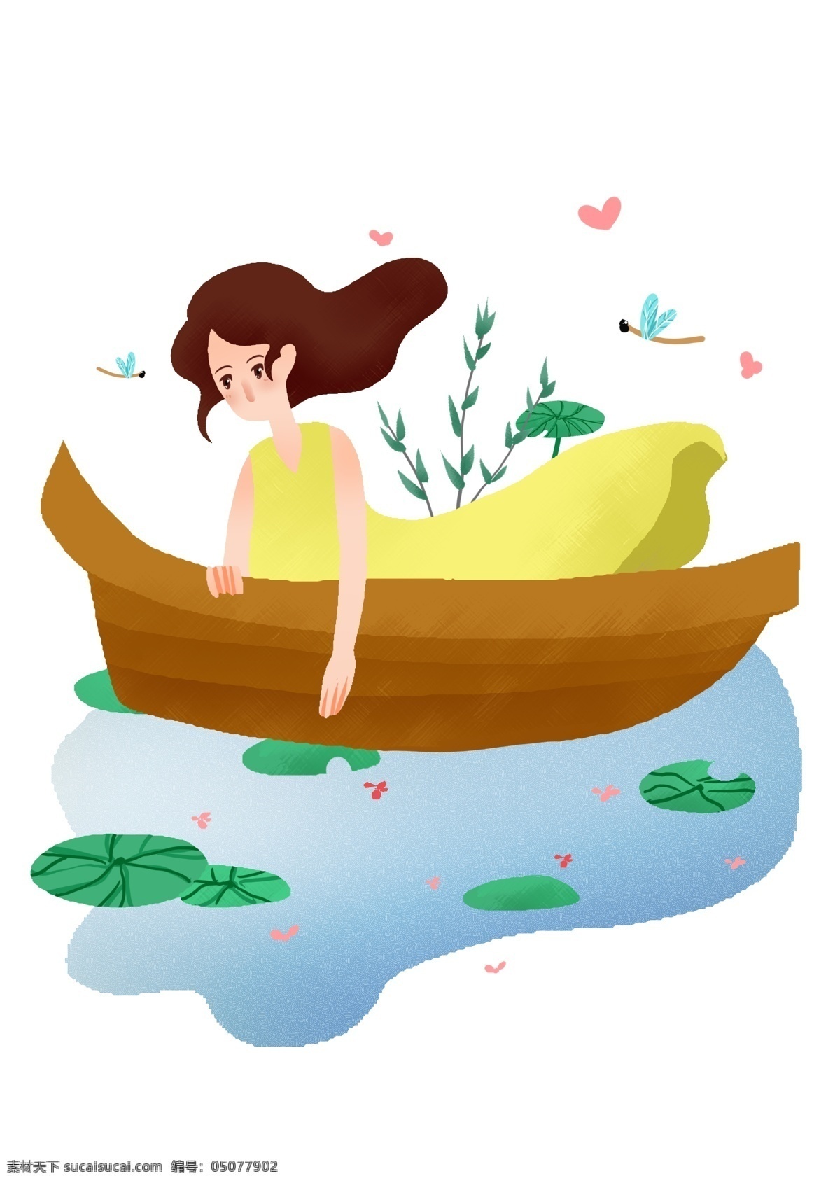 立夏 划船 小女孩 立夏人物插画 划船的小女孩 绿色的荷叶 红色的爱心 黄色的小船 蓝色的河水