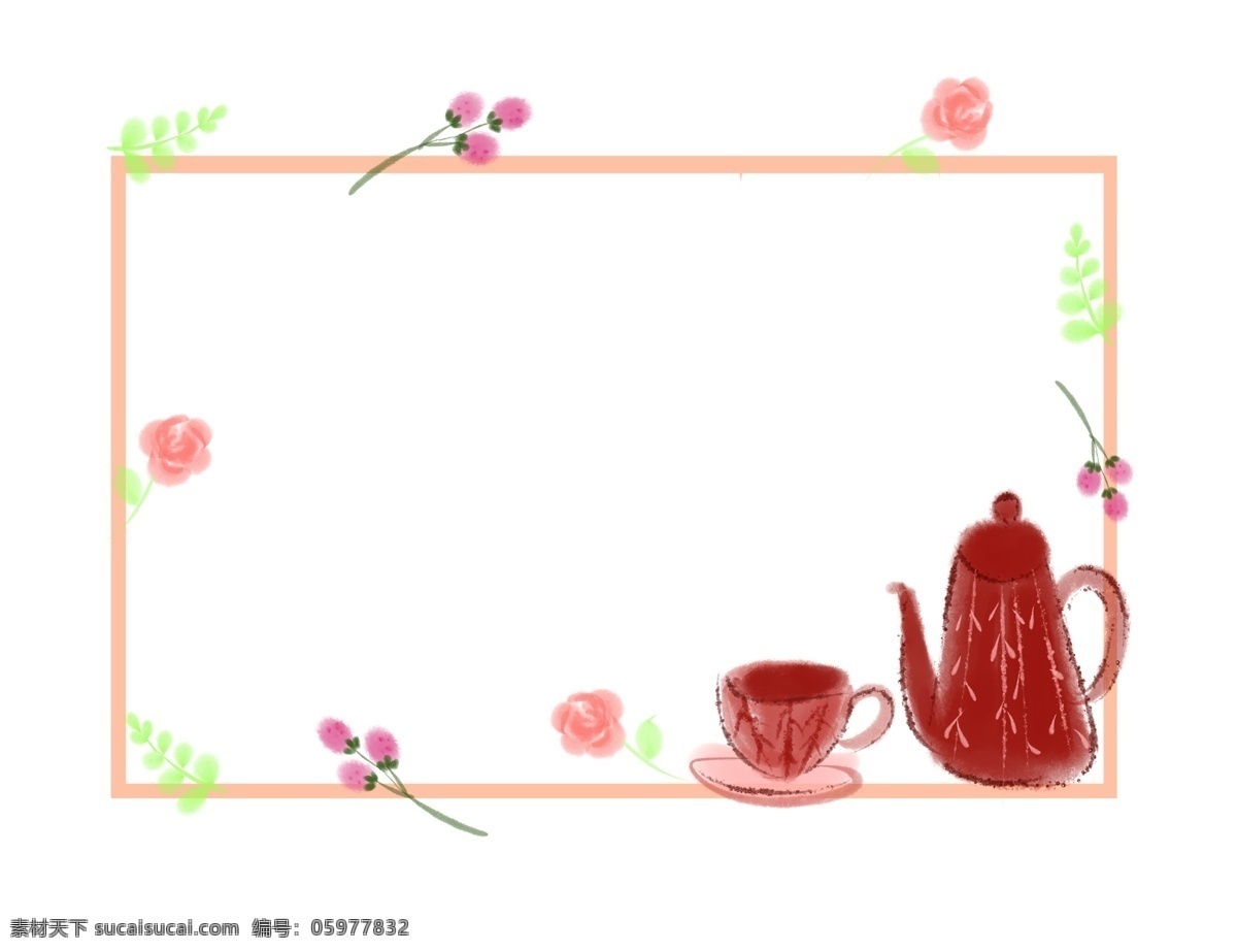茶壶 春天 装饰 框 红色的茶壶 卡通插画 春天装饰框 边框的插画 边框 框子 框架 茶壶的边框