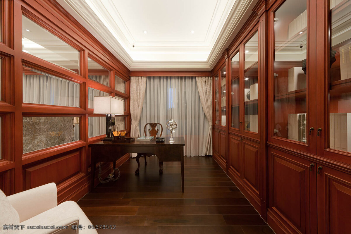 中式 古典 棕色 书房 装修 效果图 白色窗帘 白色座椅 玻璃书架 木地板 木制书柜 室内设计 书房设计