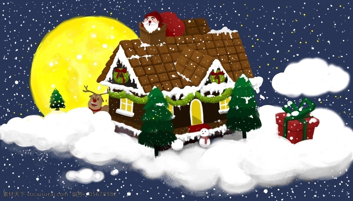 圣诞节的雪夜 插画 麋鹿图片 圣诞节图片 圣诞节夜晚 圣诞老人图片 手绘图片 夜晚图片 月亮 云 云图片