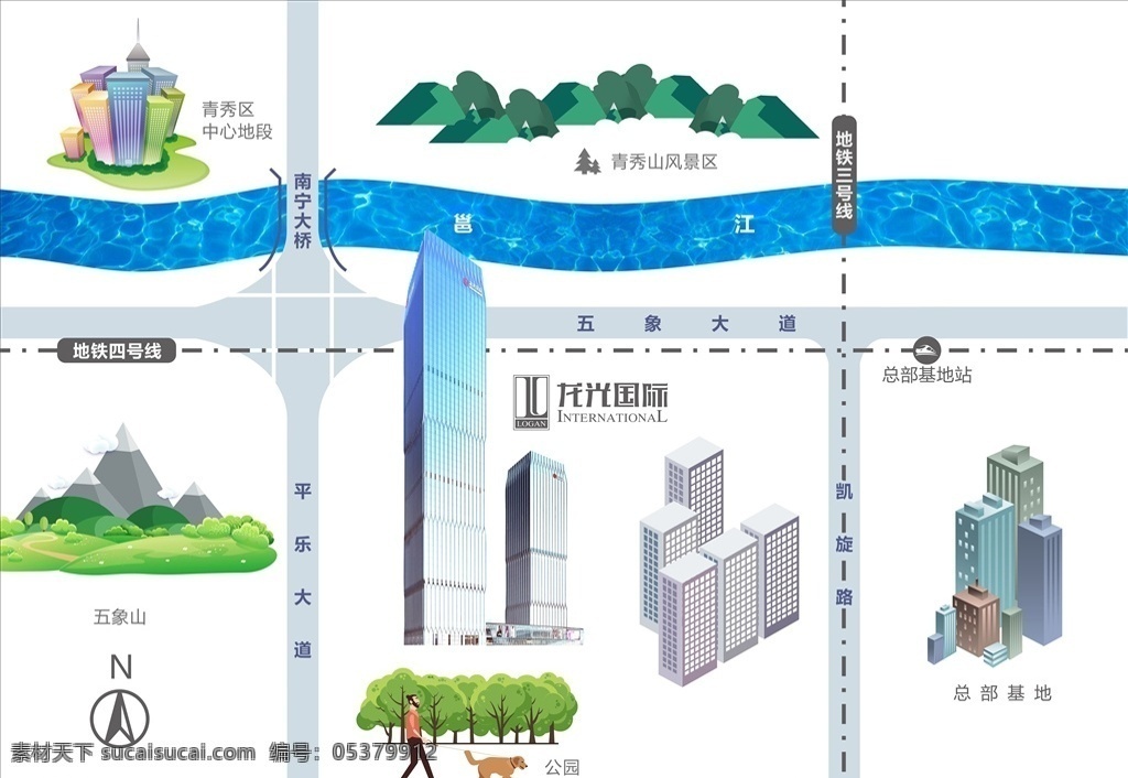 写字楼区位图 写字楼 区位图 高端 卡通 地产 房地产 河流 楼 卡通楼 公园 指北针 主干道