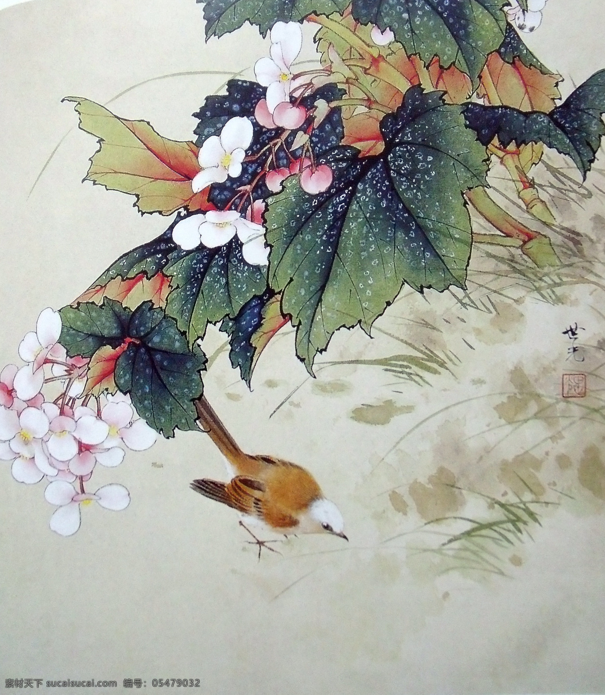 国画 花鸟 国画花鸟 粉白色碎花瓣 绽放 盛开 山雀啄食 国工笔画 美术国画 水墨画 彩墨画 绘画书法 文化艺术 设计素材 中国工笔画