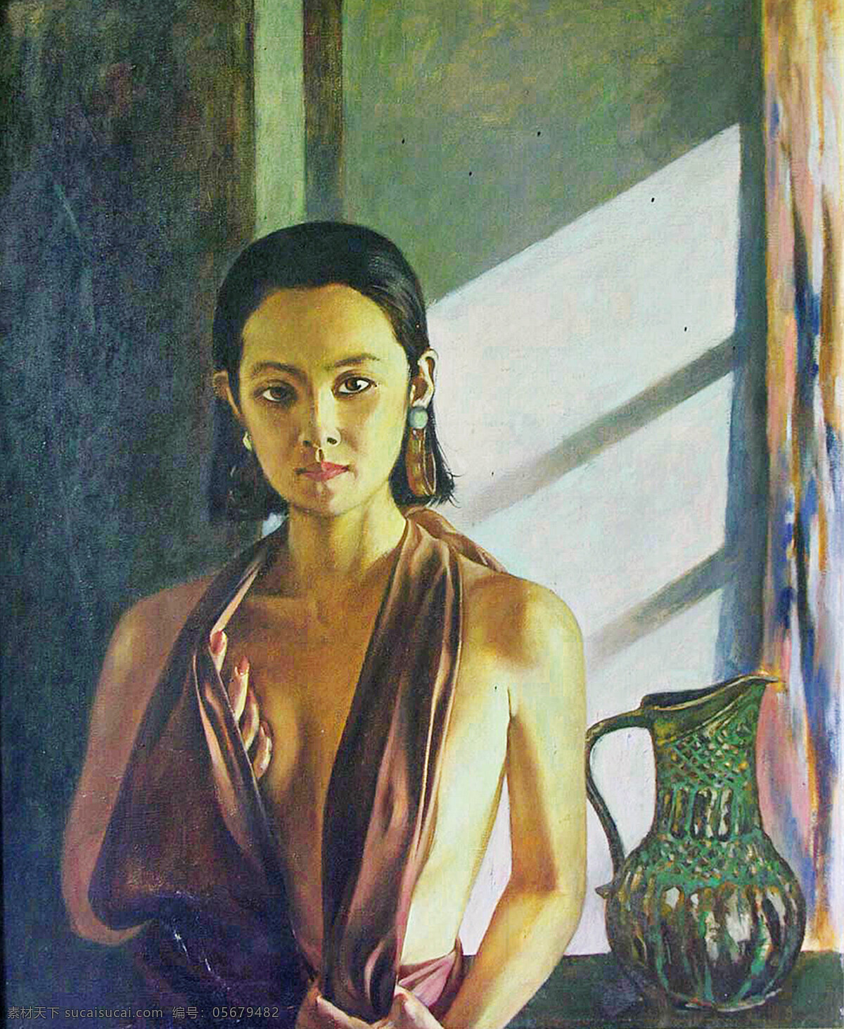 表情 窗台 动作 发型 绘画书法 靓女 美丽 美术 窗外的光 油画 现代油画 人物画 人物 女人 女子 模特 姿态 陶瓷壶 油画艺术 油画作品10 文化艺术 家居装饰素材