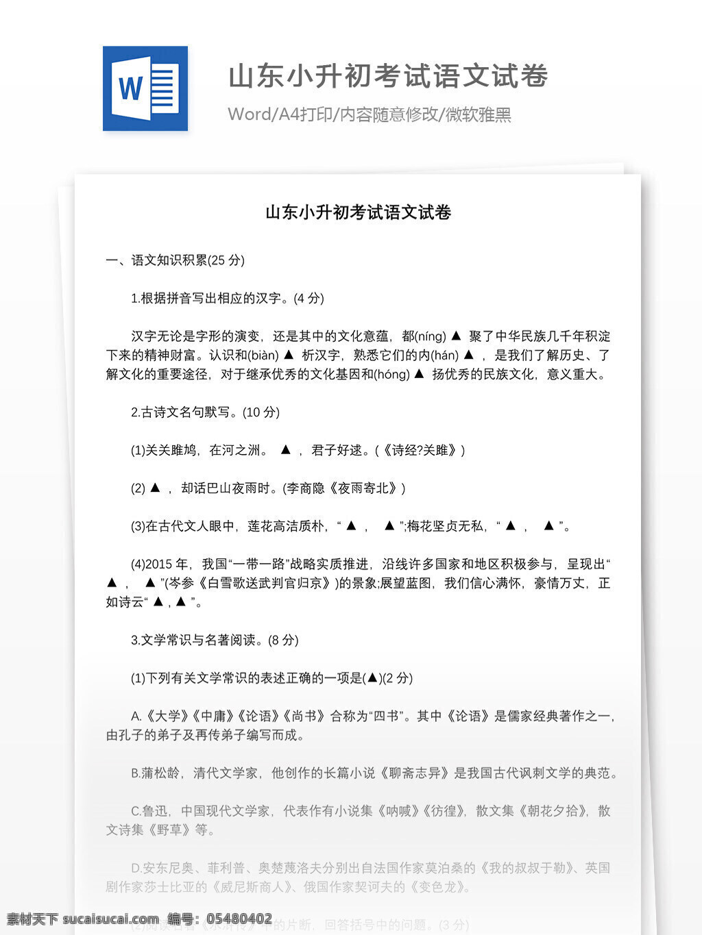 山东 小升 初 考试 语文 试卷 word 教育资料 模拟试题 文档 文档模板 小升初 小升初试卷 小学试卷 小学语文 学习资料 语文资料