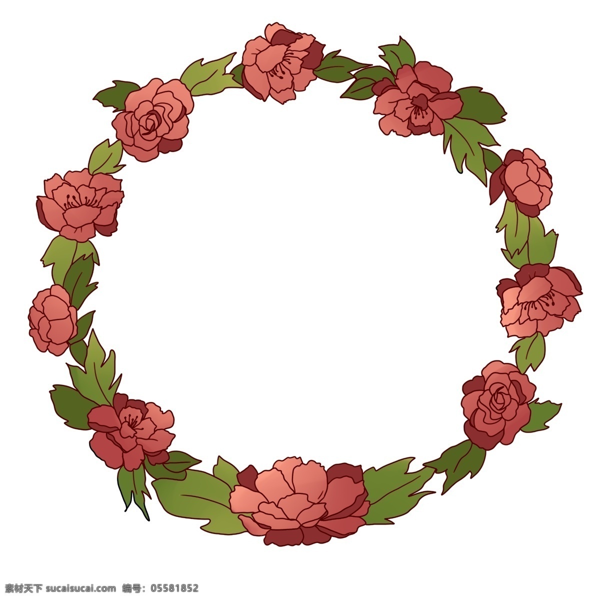 牡丹 花环 边框 插画 牡丹花环 圆形花环 漂亮的花环 植物花环 花环装饰 花环插画 立体的花环