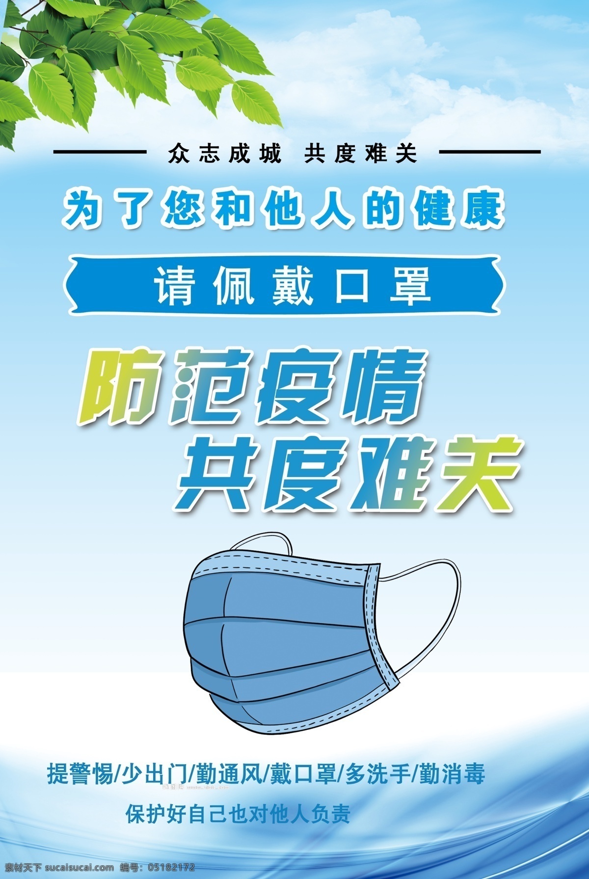 防范疫情 共度难关 制度板 蓝色背景展板 树叶 口罩 蓝天白云 背景 平面设计 分层