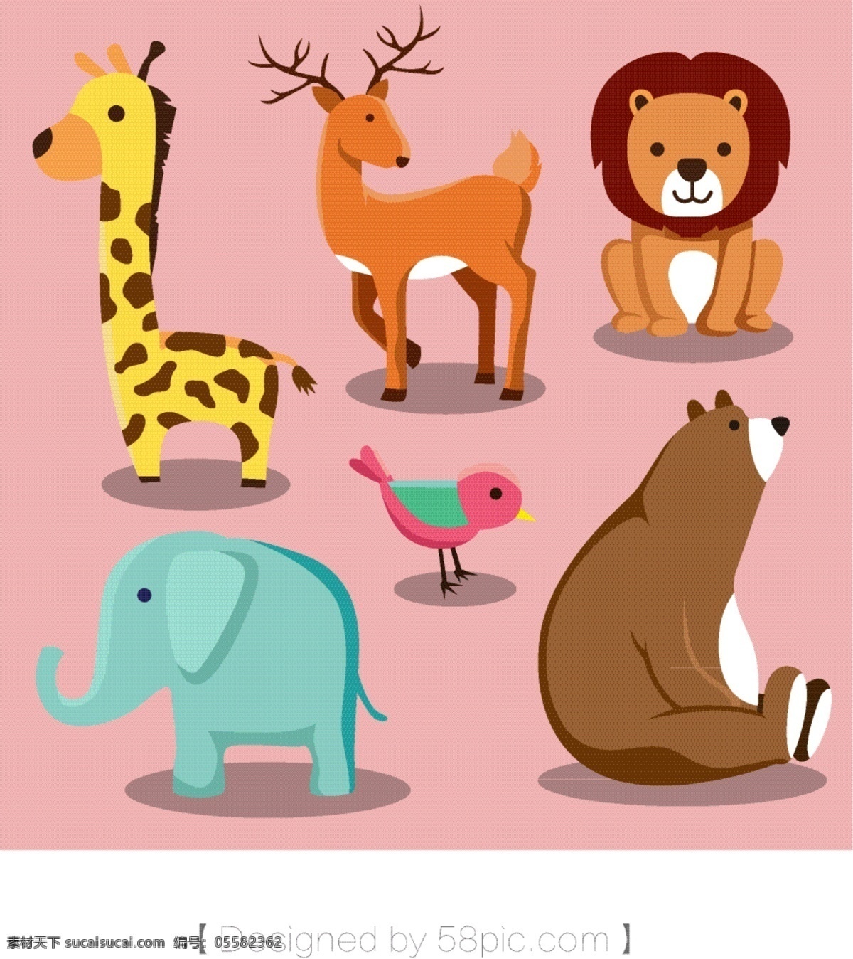 原创 可爱 卡通 动物 元素 卡通素材 矢量动物素材 卡通动物素材 狮子 长颈鹿 鹿 小鸟 大象 熊 大棕熊