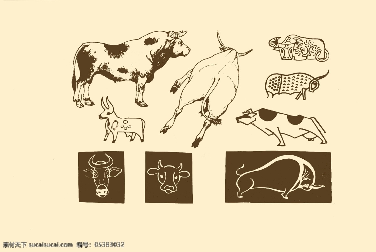 动物图案 牛 卡通 动物 纹样 图案 白描 简笔画 儿童画 分层 源文件