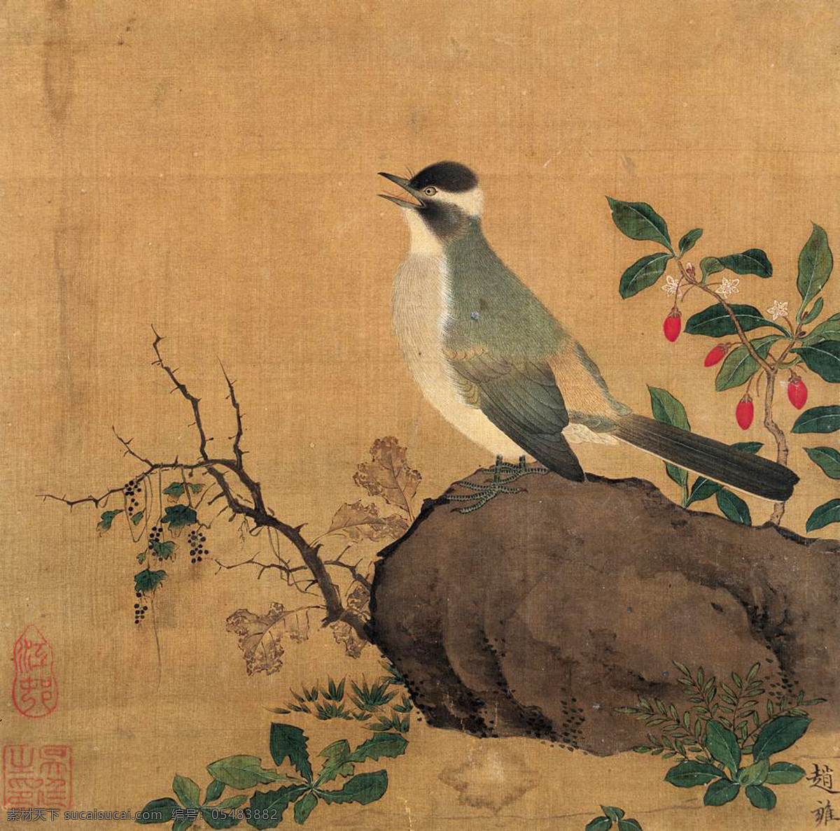 草 传统文化 大图 高清 工笔 古代 古典 古画 秋叶 鸣禽 设计素材 模板下载 秋叶鸣禽 鸟 花 石 国画 赵雍 印章 绘画 书法 艺术 绘画书法 文化艺术 家居装饰素材 雕刻 图案